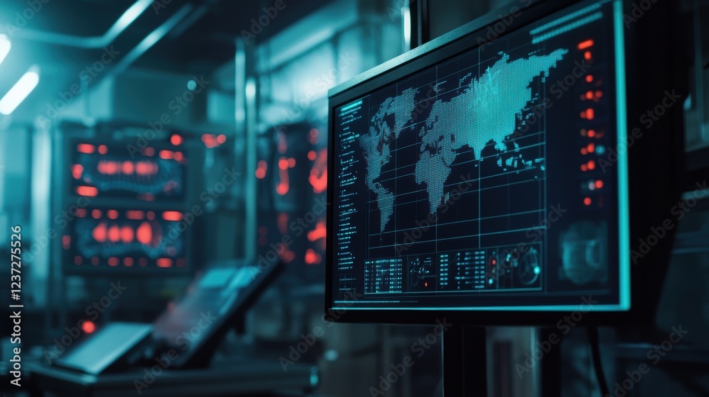 Illuminated by multiple screens, a high tech computer monitor displays a world map, emphasizing global surveillance and data analysis in a sophisticated control room Illuminated by multiple screens, a high tech computer monitor displays a world map, emphasizing global surveillance and data analysis in a sophisticated control room