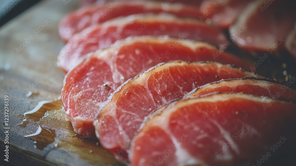 Freshly cut pork ribs with visible layers of meat and fat, placed on a clean surface, with the rich pink tones of the raw meat gleaming Freshly cut pork ribs with visible layers of meat and fat, placed on a clean surface, with the rich pink tones of the raw meat gleaming