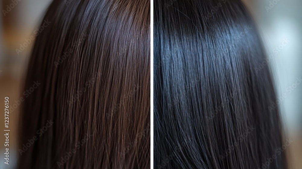 Close-up comparison of brown and black shiny hair showcasing texture and color differences Close-up comparison of brown and black shiny hair showcasing texture and color differences