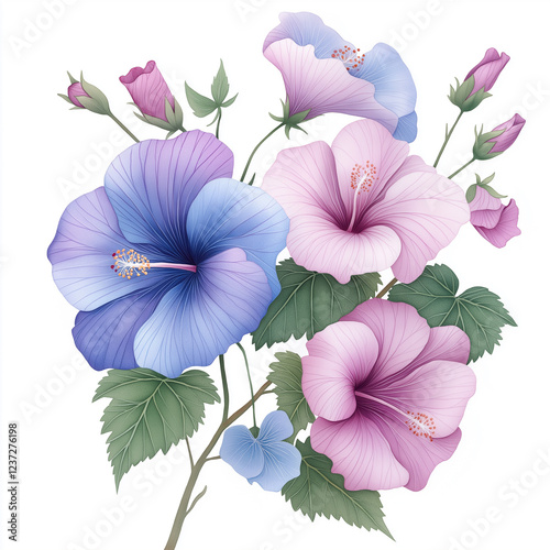 Watercolor botanical illustration of hibiscus, dense arrangement, high resolution on white background