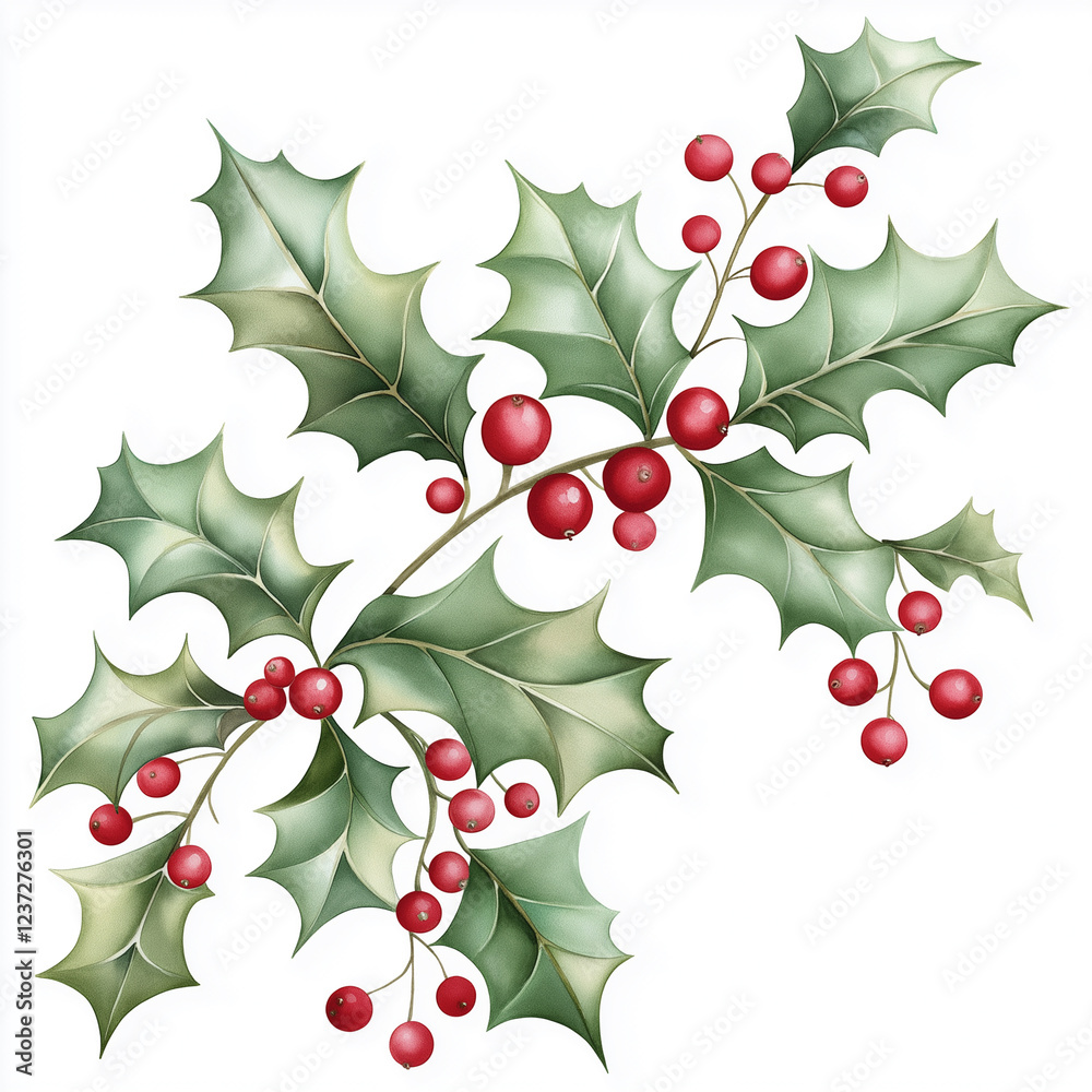 Fototapeta premium Watercolor botanical illustration of holly flowers, dense arrangement, high resolution on white background