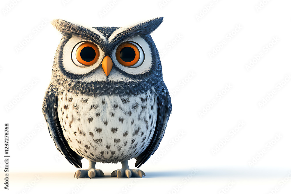 Naklejka premium owl on a white background, owl on a blank white background, a owl, owl, cute owl, white background, copy space for add text, 3d rendering, 3d, vector, AI generative