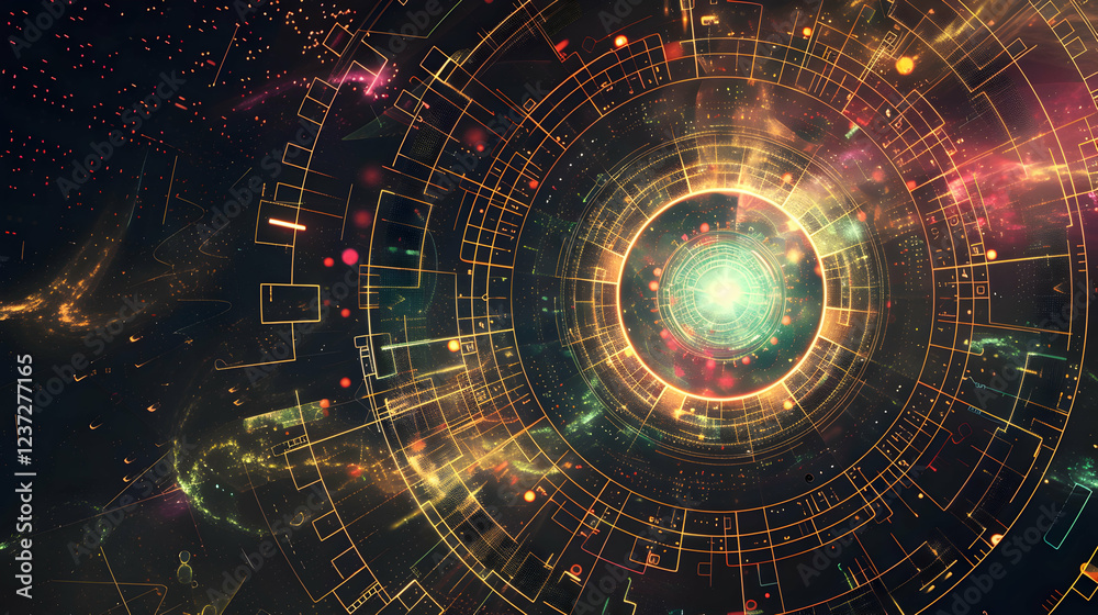 Obraz premium A vibrant abstract representation of cosmic elements and geometric patterns.