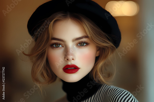 Close-up portrait of a woman with red lips and flawless skin, showcasing her chin, nose, and eyebrows. High-resolution image suitable for beauty and skincare concepts.