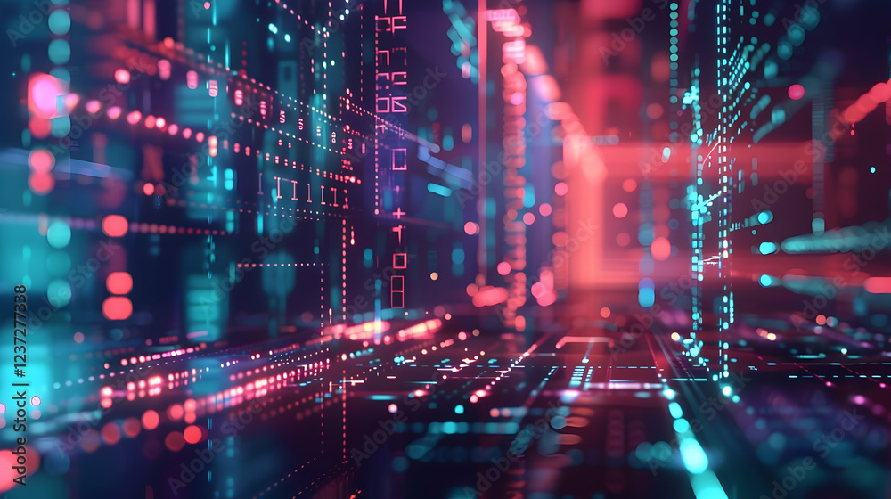 Fototapeta premium Abstract digital landscape with glowing lines and nodes representing data flow.