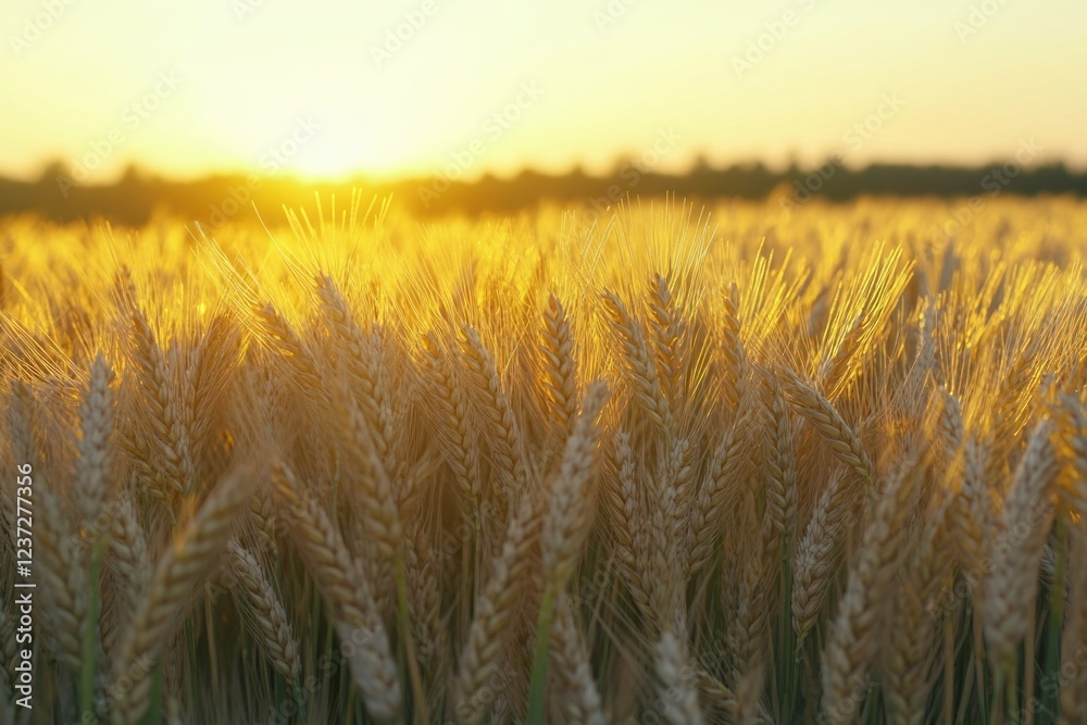 A field of golden wheat with the sun shining on it. The sun is setting in the background, creating a warm and peaceful atmosphere A field of golden wheat with the sun shining on it. The sun is setting in the background, creating a warm and peaceful atmosphere