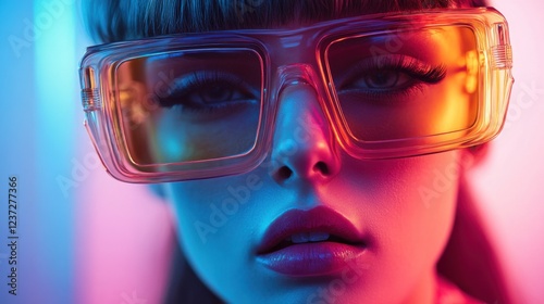 Young woman with colorful oversized glasses in vibrant neon lighting portrait