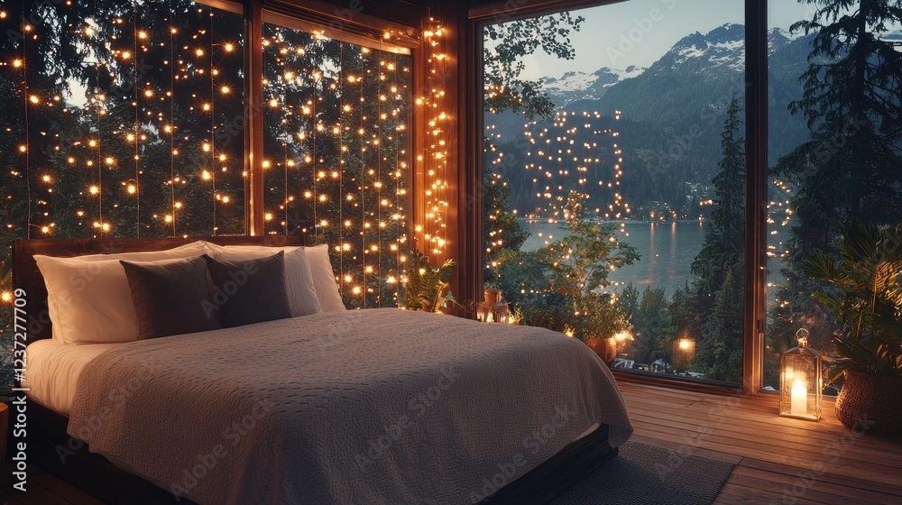Cozy mountain cabin bedroom with lake view at dusk