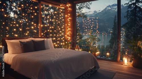 Obraz na płótnie Cozy mountain cabin bedroom with lake view at dusk w salonie