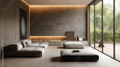 Modern minimalist living room with large windows overlooking lush outdoor scenery