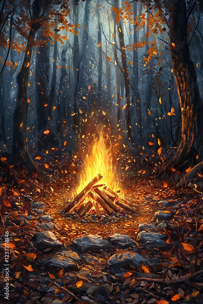 Bonfire glowing brightly in an autumn forest surrounded by fallen leaves Bonfire glowing brightly in an autumn forest surrounded by fallen leaves