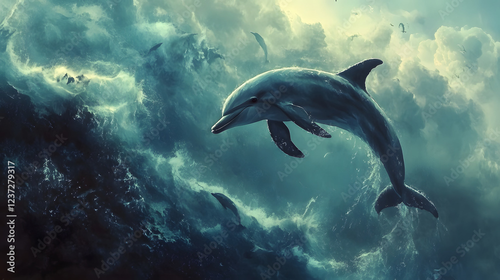 Naklejka premium Dolphin in water illustration, dolphin in ocean, dolphin in sea, ocean life, ocean animals, sea animals, dolphin art, dolphin illustration, ocean wildlife, sea life, underwater world 