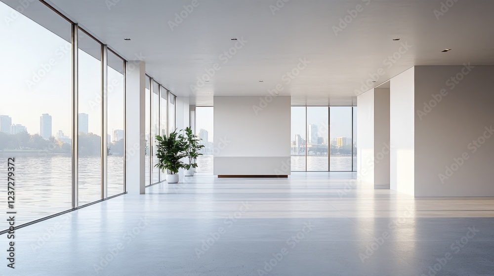Fototapeta premium Spacious modern apartment with panoramic city and river views through large glass windows