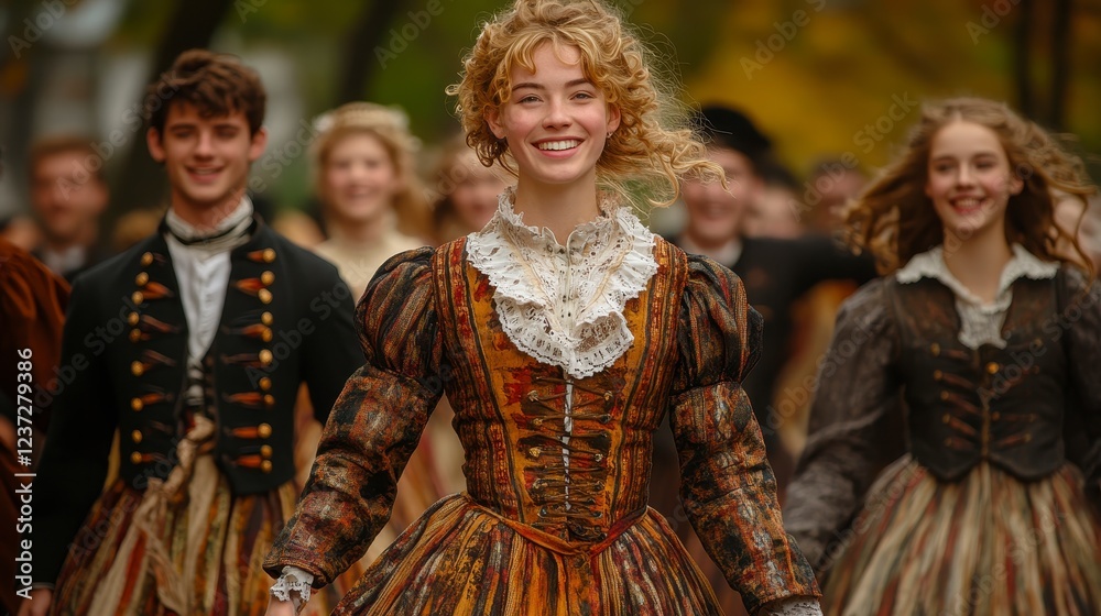 Young woman in historical dress leads autumn parade Young woman in historical dress leads autumn parade