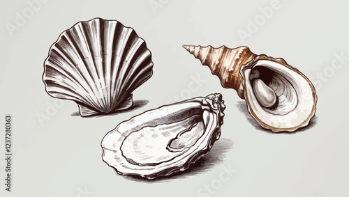 Scallop sea food in colored sketch style, hand drawn vector illustration isolated on white background. Set of clams or marine bivalve mollusks. Seafood restaurant, cafe or shop design.