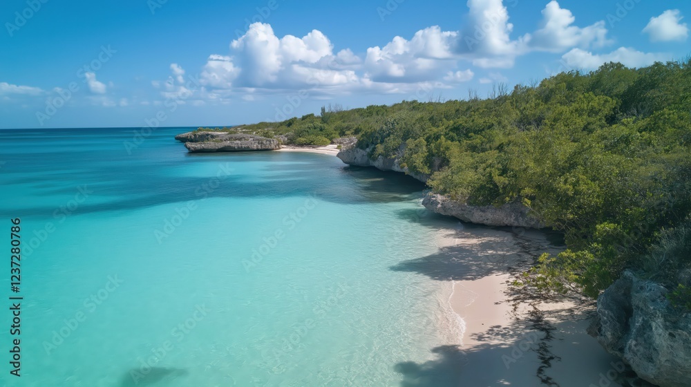 Fototapeta premium Aerial View of Tropical Beach, Turquoise Water, White Sand, and Lush Greenery