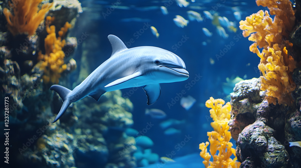 Fototapeta premium Dolphin in water illustration, dolphin in ocean, dolphin in sea, ocean life, ocean animals, sea animals, dolphin art, dolphin illustration, ocean wildlife, sea life, underwater world