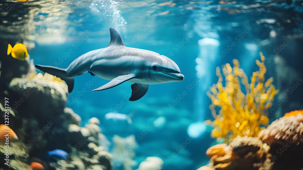 Obraz premium Dolphin in water illustration, dolphin in ocean, dolphin in sea, ocean life, ocean animals, sea animals, dolphin art, dolphin illustration, ocean wildlife, sea life, underwater world 