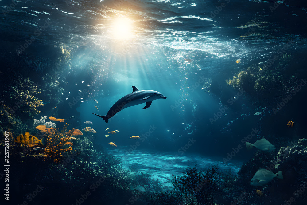 Obraz premium Dolphin in water illustration, dolphin in ocean, dolphin in sea, ocean life, ocean animals, sea animals, dolphin art, dolphin illustration, ocean wildlife, sea life, underwater world 