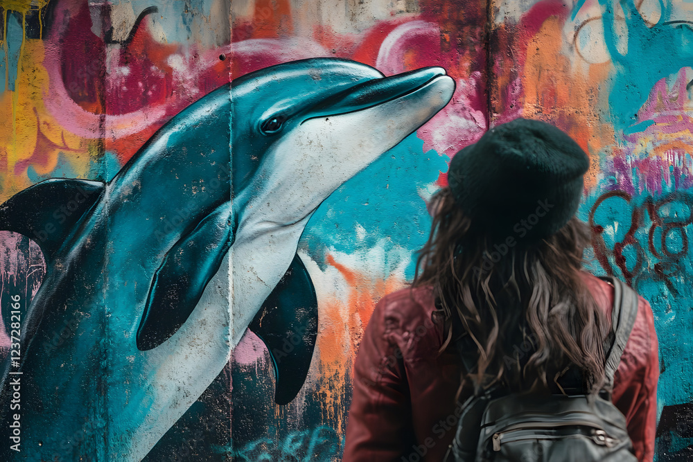 Obraz premium Woman lookung at dolphin graffiti in a street, city graffiti, dolphin art, dolphin illustration, urban graffiti, street art, urban mural, wall art in city, art and culture,