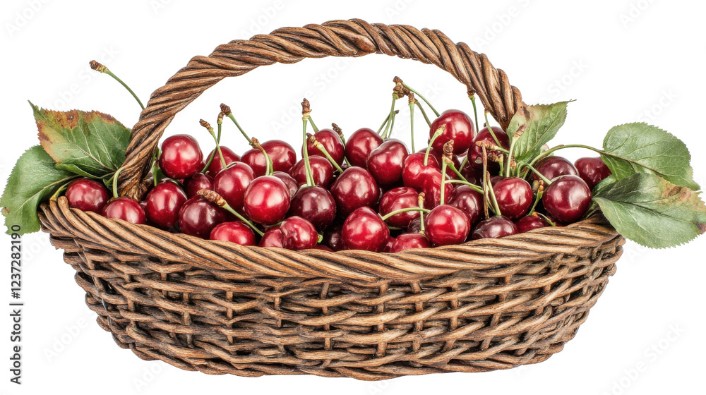 Wicker basket overflowing with freshly picked ripe red cherries on transparent background Wicker basket overflowing with freshly picked ripe red cherries on transparent background
