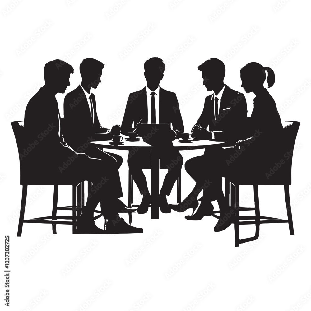A group of business professionals in suits having a meeting, shown as silhouettes on a white background A group of business professionals in suits having a meeting, shown as silhouettes on a white background