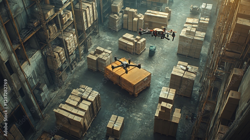 A high-tech drone hovers inside a warehouse filled with stacked boxes, symbolizing modern logistics, automation, and AI-driven supply chain solutions. A high-tech drone hovers inside a warehouse filled with stacked boxes, symbolizing modern logistics, automation, and AI-driven supply chain solutions.
