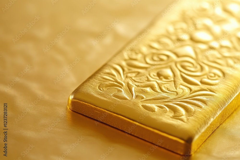 Fototapeta premium Ornate Gold Bar Rests On Golden Surface