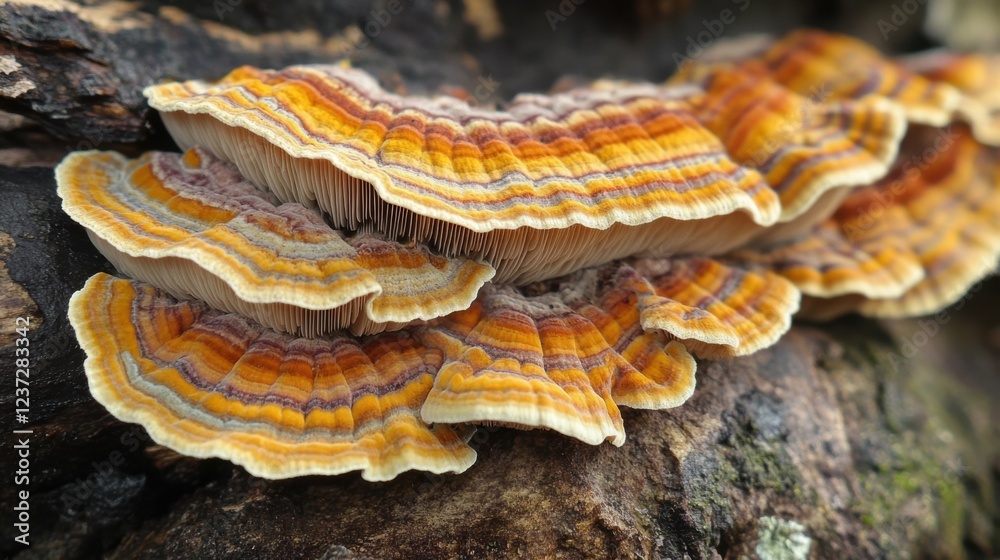 Colorful turkey tail mushrooms on tree trunk: close-up of vibrant fungi display in natural habitat Colorful turkey tail mushrooms on tree trunk: close-up of vibrant fungi display in natural habitat