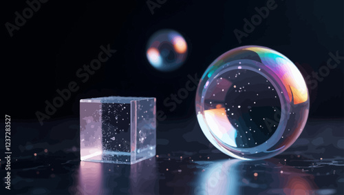 3D glass cube, torus and ball on a black background, showing refraction and holographic rainbow effects. Ideal for abstract icons and design elements.