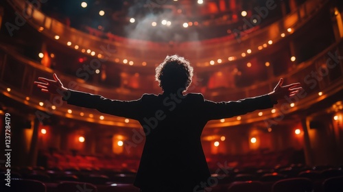 Performer stands on stage in empty theater with arms outstretched under dramatic lighting