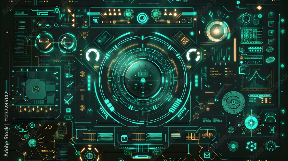 A futuristic digital interface with glowing elements and data displays. A futuristic digital interface with glowing elements and data displays.