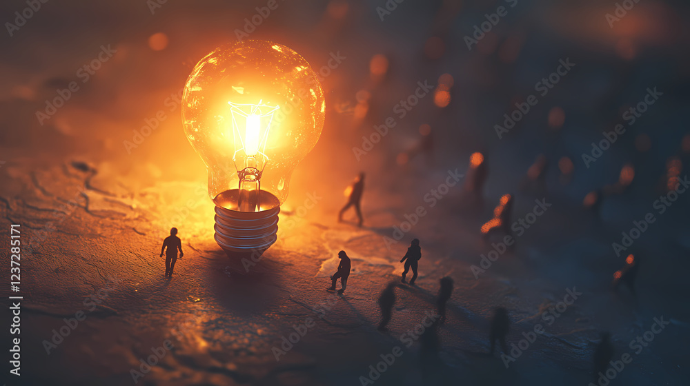 Naklejka premium Tiny figures walking toward a lit light bulb. Luminous Shadows. Illustration