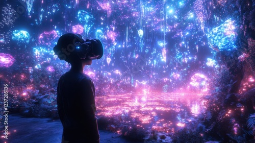 Wallpaper Mural Person exploring neon virtual reality forest with headset in luminous bioluminescent environment Torontodigital.ca