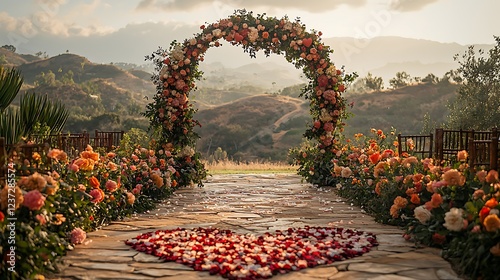 A romantic Valentinea??s Day wedding ceremony outdoors with a beautifully decorated arch, surrounded by lush flowers and a heart-shaped aisle runner photo