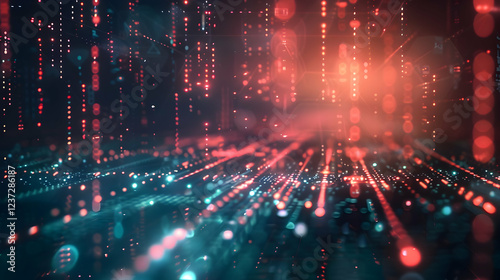 Abstract digital landscape with glowing particles and lines, evoking technology and data flow.