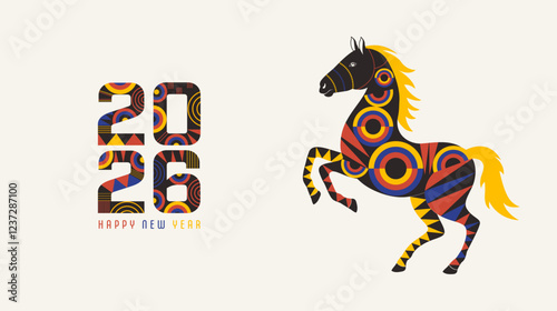 Happy New Year background with a geometric horse and the numbers 2026. Year of the Horse. Vector illustration.