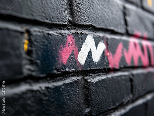 Graffiti on a black brick wall with pink and white zigzag pattern. Graffiti on wall with geometric pattern