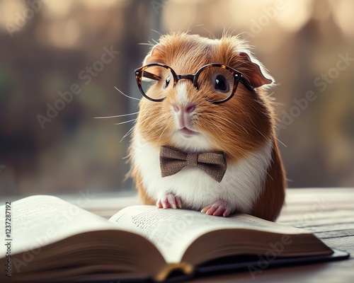 Charming Guinea Pig in Glasses and Bow Tie, Sitting Beside an Open Book Like a Scholar photo