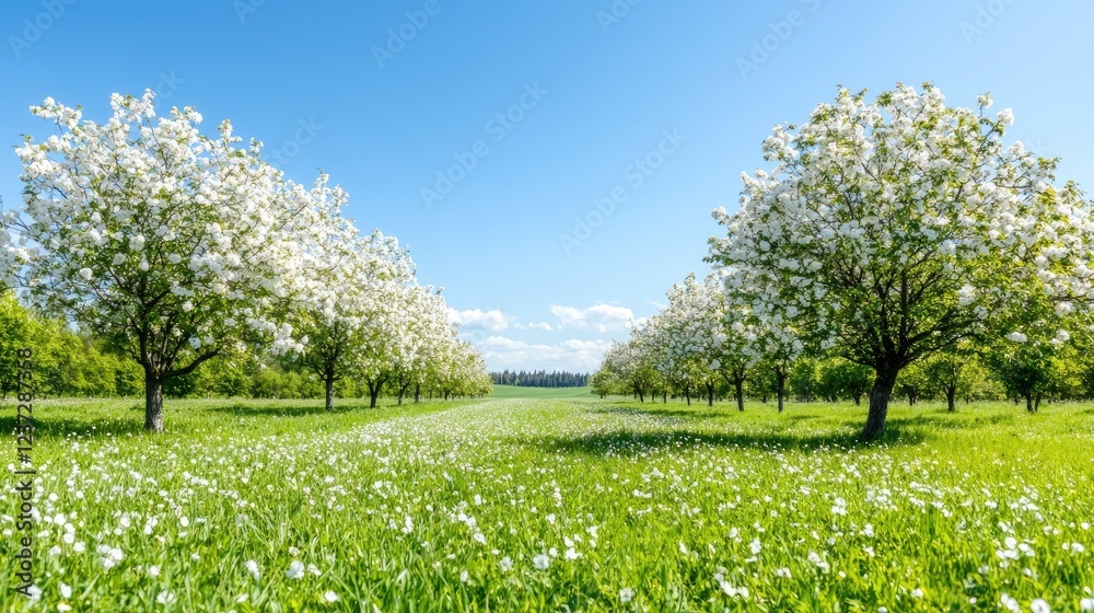 Obraz premium Blossoming apple orchard, spring day, sunny field, nature scene, idyllic landscape