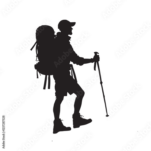 Silhouette of a hiker with a backpack and a walking stick standing on a peak on a white background