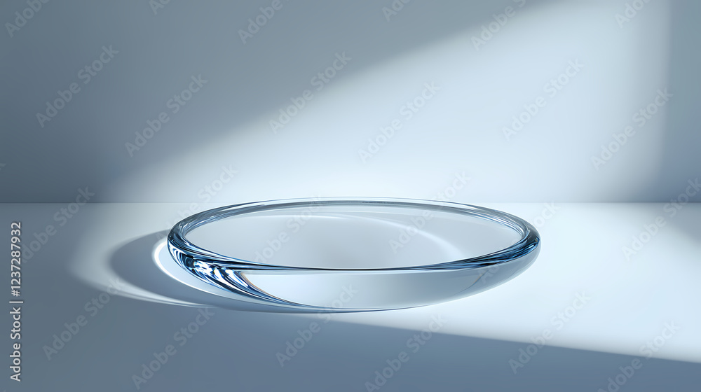 Elegant glass disc in a minimalist setting, reflections and shadows adding depth to the smooth surface, emphasizing clarity and simplicity. Luminous Shadows. Illustration Elegant glass disc in a minimalist setting, reflections and shadows adding depth to the smooth surface, emphasizing clarity and simplicity. Luminous Shadows. Illustration
