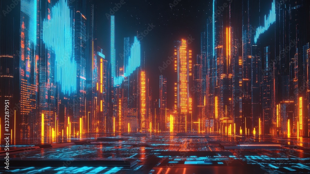 Obraz premium Economic boom, futuristic city with profit charts, 3D illustration. 