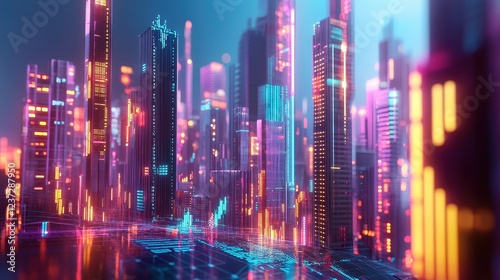 Economic boom, futuristic city with profit charts, 3D illustration. 