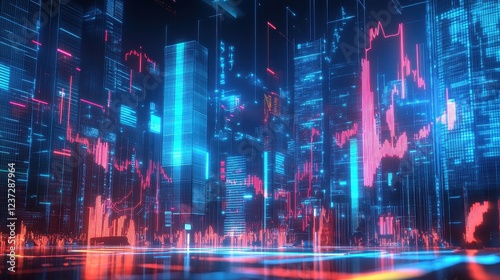 Wallpaper Mural Economic boom, futuristic city with profit charts, 3D illustration.  Torontodigital.ca