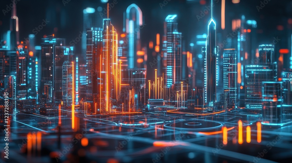 Obraz premium Economic boom, futuristic city with profit charts, 3D illustration. 