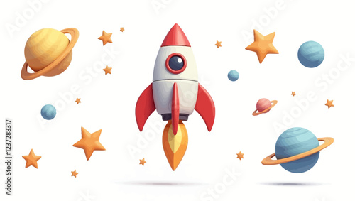 Set of space elements in cute 3d style, vector illustration isolated on white background. Rocket or spaceship launch, stars, UFO, saturn planet. Concepts of startup and astronomy.