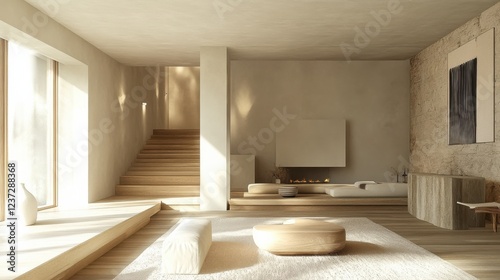 Modern minimalist living room with natural light and neutral color scheme