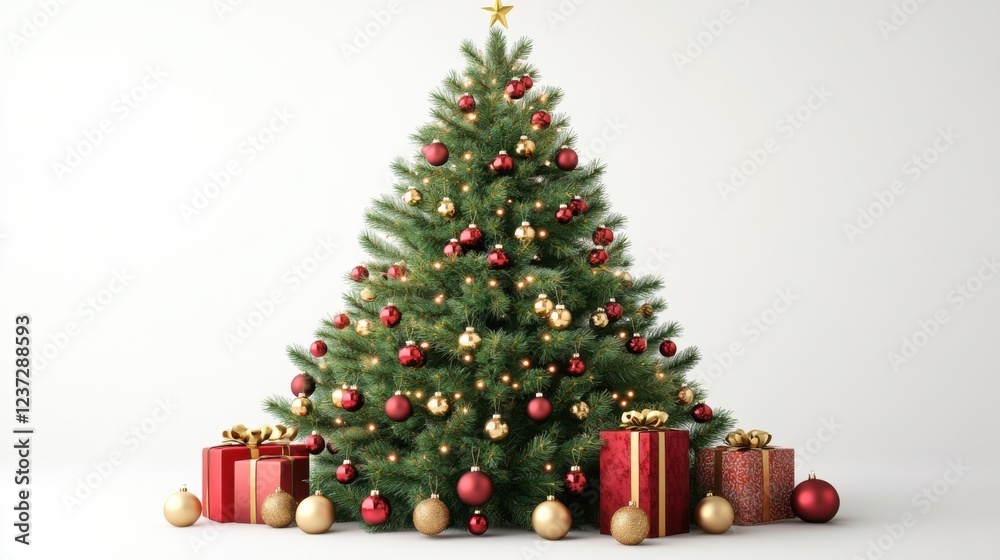 Decorated christmas tree with red and gold ornaments and wrapped gifts Decorated christmas tree with red and gold ornaments and wrapped gifts