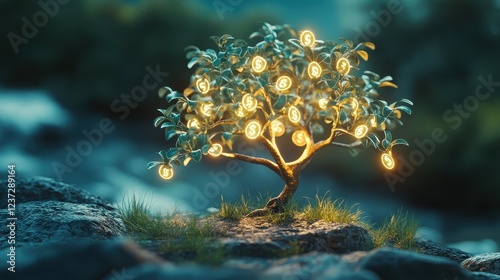 Financial success, money tree with glowing dollar symbols, 3D illustration.  photo